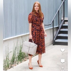 Floral Print Button Front Pleated Chiffon Dress